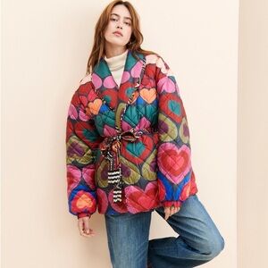 NWT RARE FARM Rio Full Of Hearts Reversible Puffer Jacket Stars Belt XL